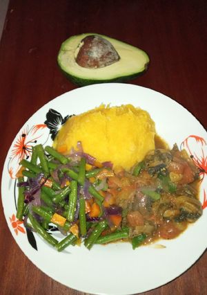 A picture of Matumbo in coconut cream and mashed pumpkin.