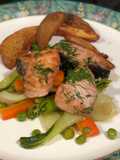 পোচড স্যামন ইন ডিল অন সটেড ভেজিস (poached salmon in dill on sautéed veggies recipe in Bengali)