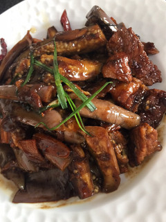 A picture of Stir pork belly with Steam eggplant.