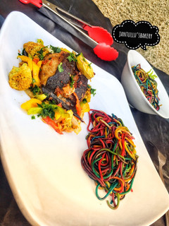 A picture of Rainbow 🌈 pasta vegetable fish sauce.