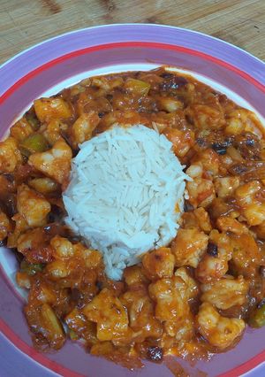 Foto principal de Arroz tika-masala con gambón y ajetes