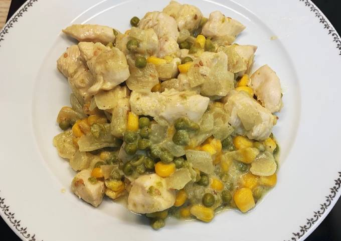 Émincé de poulet miel moutarde petits pois et maïs