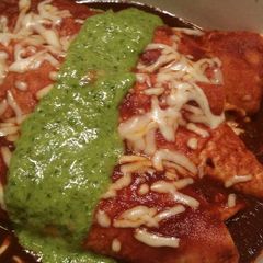 A picture of Queso Fresco Enchiladas w/ Red Sauce & Chimichurri.