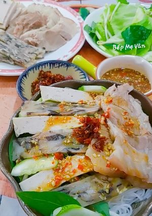 A picture of Bún Mắm Nêm with Pork, Vietnamese Pork Sausage, and Head Cheese.