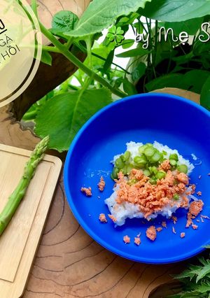 Hình của món Ăn dặm- cơm nhão măng tây ruốc cá hồi.