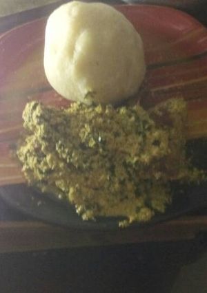 A picture of Egusi soup with garri.