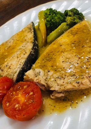 A picture of Blue Marlin Steaks • Fish in Peppery Lemon - Butter - EVOO Sauce.