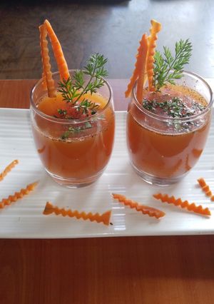 A picture of Carrot, orange, ginger juice 🥕🍊.