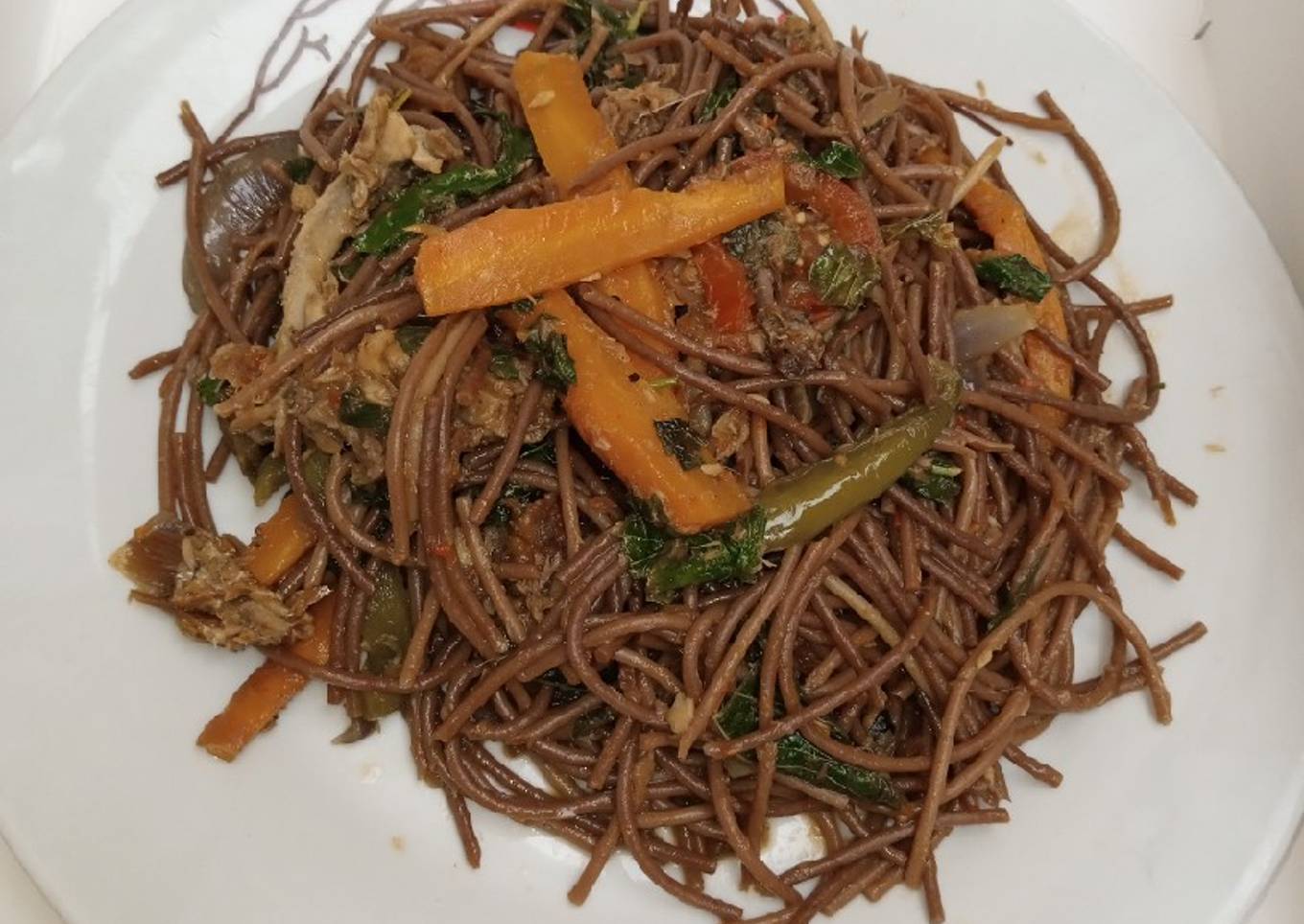 Brown veggies spaghetti