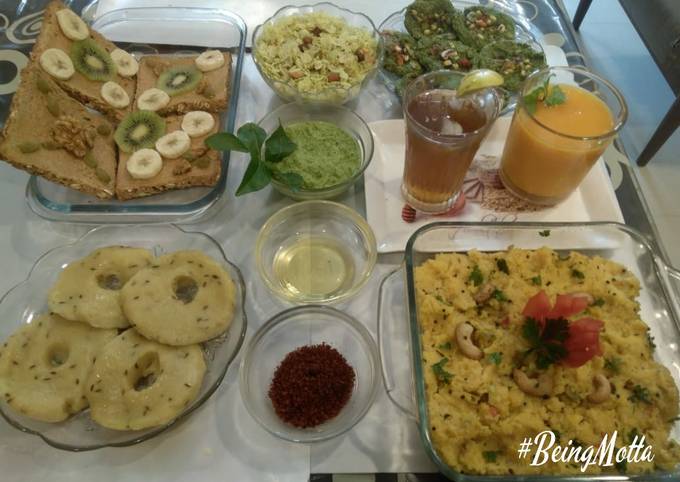 Khichu, makai upma, sprouts moong pancakes, chiwda, ruity toast