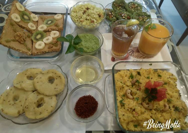 Khichu, makai upma, sprouts moong pancakes, chiwda, ruity toast