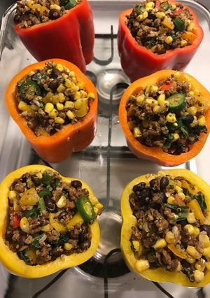 A picture of Vegan Burrito Bowl Stuffed Peppers.