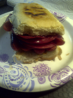 A picture of Hard Salami and Hotdogs on Cuban Bread.