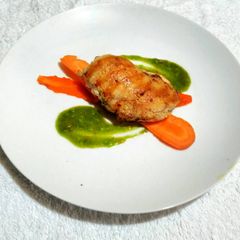A picture of Grilled Crusted Chicken with Steeped spiced carrot and Green sauce.