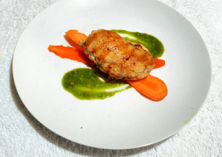 Grilled Crusted Chicken with Steeped spiced carrot and Green sauce