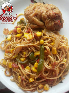 A picture of Chicken and Veggies infused Spaghetti.