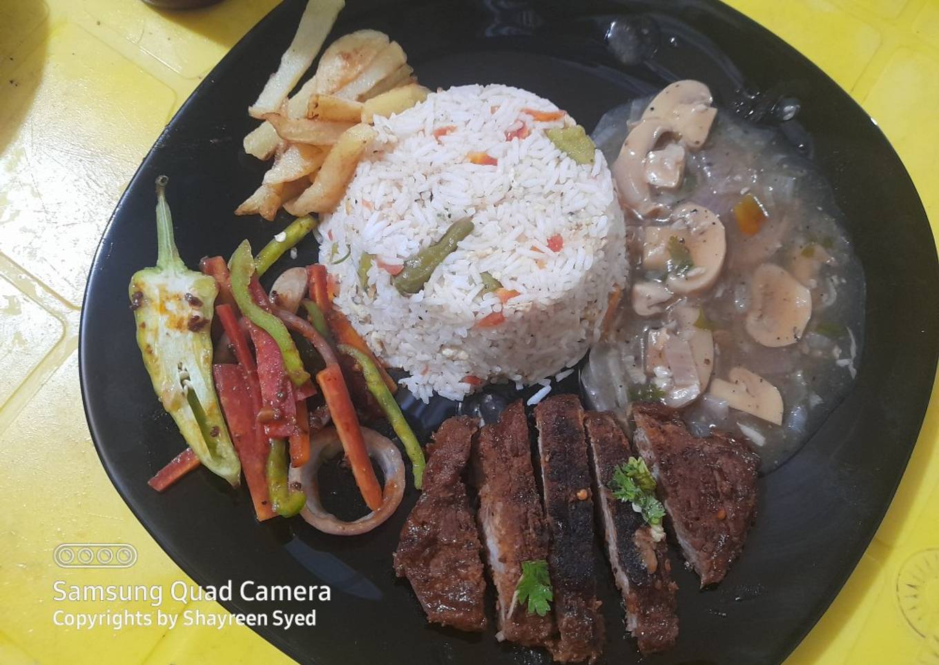 Beef Steak with Mushroom sauce and egg fried rice 🍚