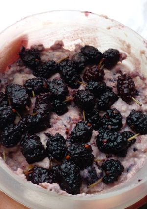 Una foto de Avena trasnochada al limón con mora - Blended overnight oats