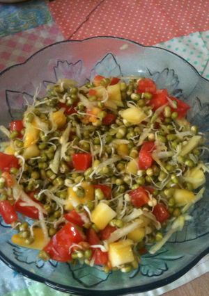 A picture of Sprout salad with assorted ingredients.
