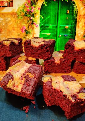 A picture of Eggless Red velvet cream cheese brownies.