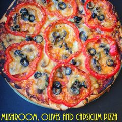A picture of Mushroom, Olives and Capsicum Pizza.