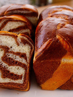A picture of Mini and Cute Cocoa Marble Bread | used two loaf pans.