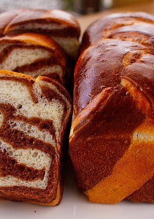 A picture of Mini and Cute Cocoa Marble Bread | used two loaf pans.