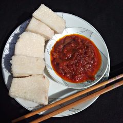 A picture of White yam and stew.