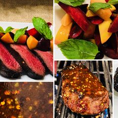 Spicy Tamarind Glazed Wagyu Top Sirloin with Stone Fruit & Mint A picture of Spicy Tamarind Glazed Wagyu Top Sirloin with Stone Fruit & Mint.