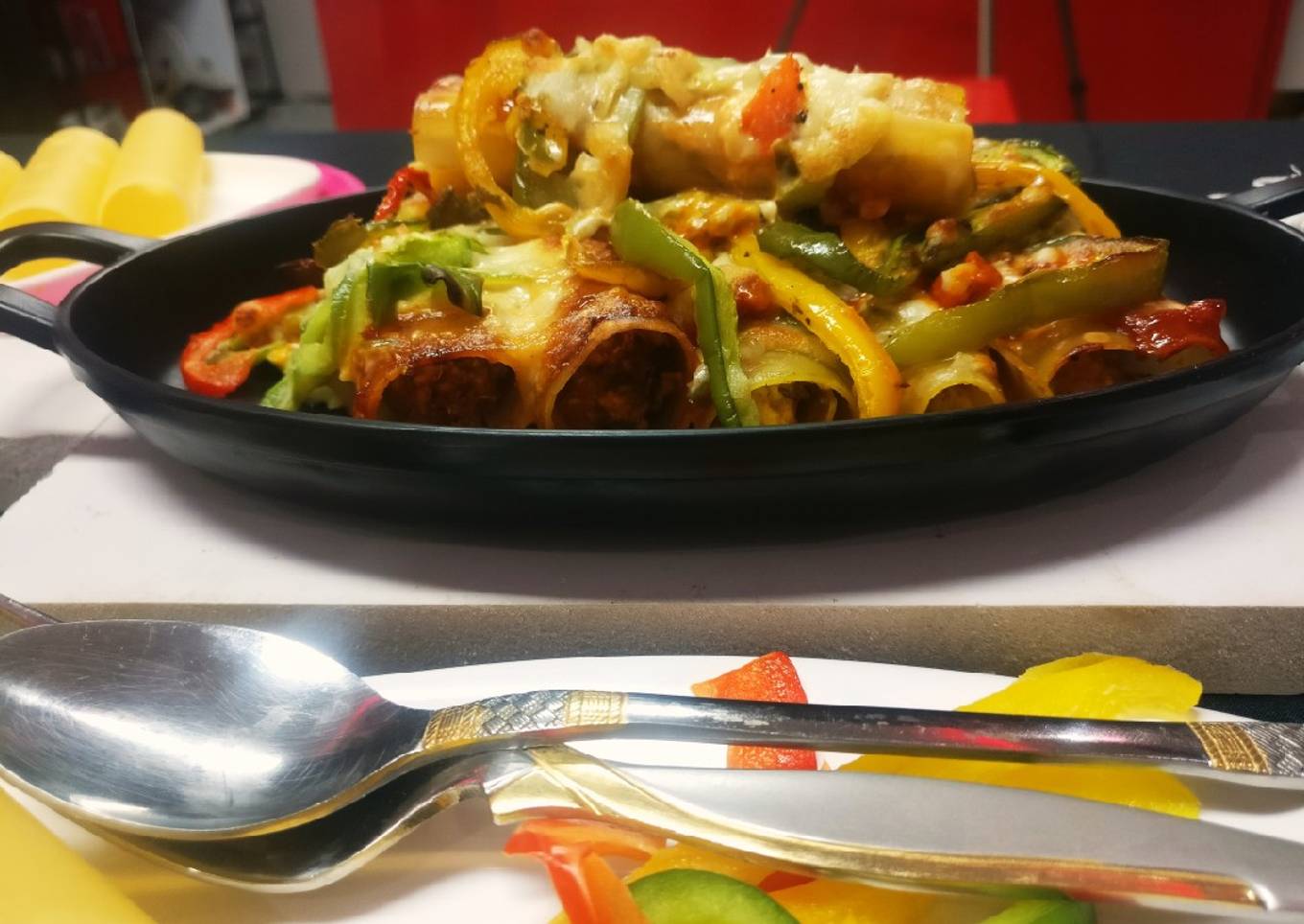 Italian lasagna cannelloni filled with Indian paner tikka