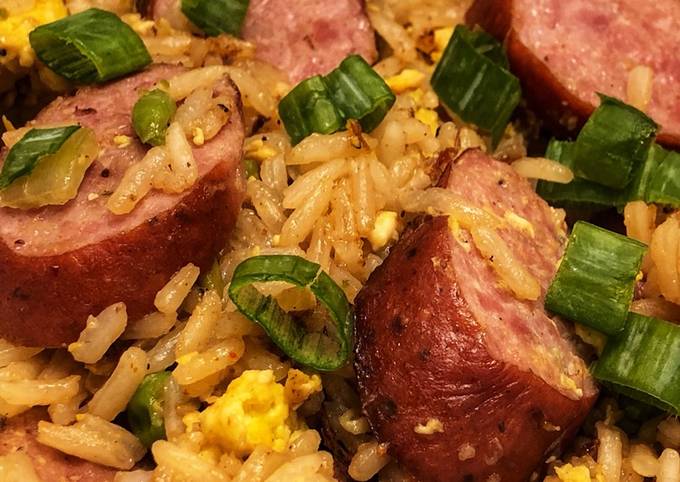 Fried rice with andouille sausage In Wok