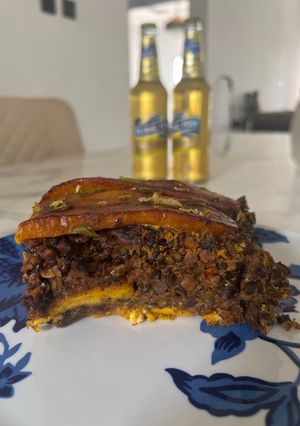 A picture of Pastelon aka plantain lasagna.