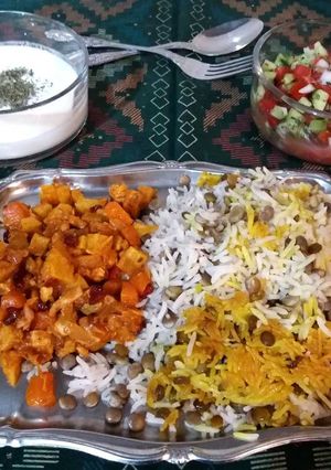 عکسی از دستور عدس پلو با خوراک مرغ خوشمزه عالی