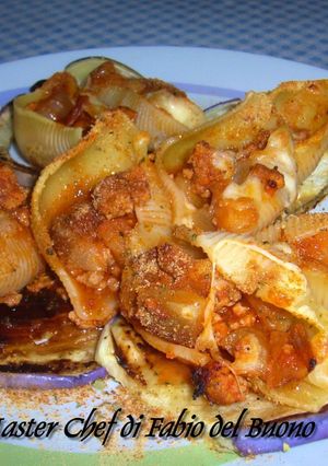A picture of Stuffed Conchiglioni with Mixed Ground Meat, Eggplant, and Mozzarella.