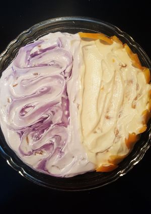 A picture of Tres leches cake 2 in 1 |mango and blueberry cake |two in one.