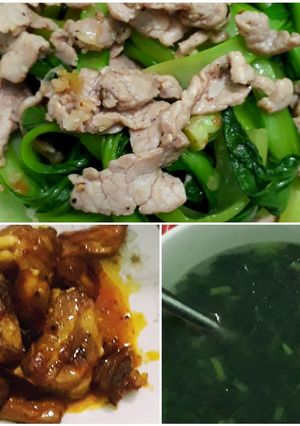 Hình của món Sườn non chua ngọt + thịt heo xào cải thìa + canh tần ô.