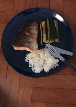 A picture of Pan-seared salmon with Zucchini.