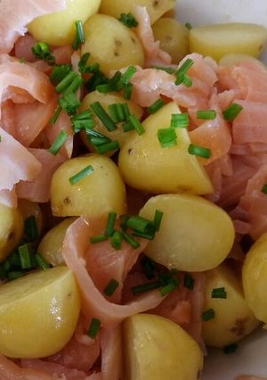 A picture of Potato and smoked salmon salad.