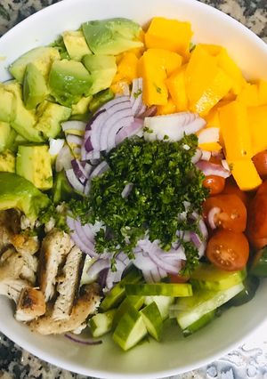 A picture of Chicken mango avocado salad.
