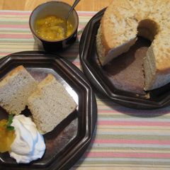 A picture of Banana Chiffon Cake with Mango Sauce.