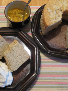 A picture of Banana Chiffon Cake with Mango Sauce.