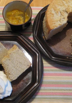 A picture of Banana Chiffon Cake with Mango Sauce.