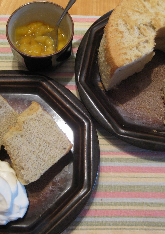 A picture of Banana Chiffon Cake with Mango Sauce.