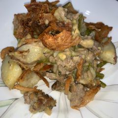 A picture of Ground turkey, potato, and asparagus casserole.