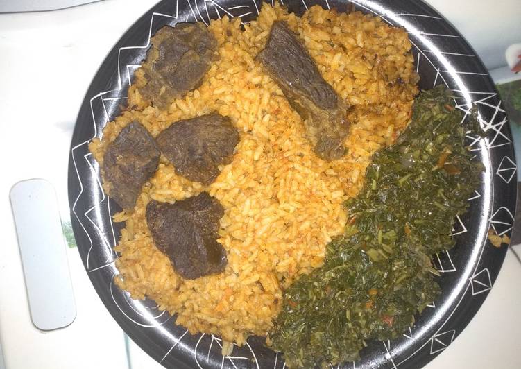 Jollof rice,fried beef and vegetable
