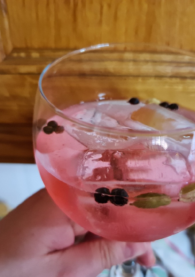 Una foto de Gin tonic con tónica de hibisco