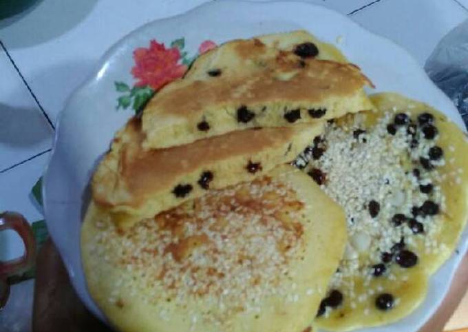 Pancake mudah,murah,topping wijen,chocochip dan blendung jagung