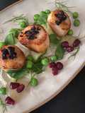 Scallops With A Black Pudding Crumb, Fennel & Cucumber Salad, Pea & Pea Shoots And Apple Purée