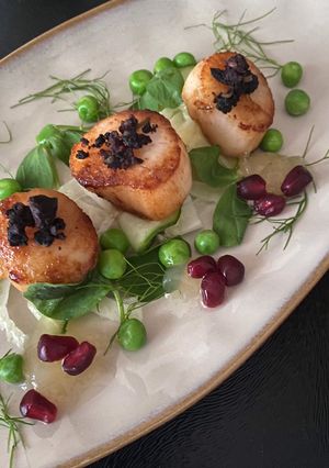 A picture of Scallops With A Black Pudding Crumb, Fennel & Cucumber Salad, Pea & Pea Shoots And Apple Purée.
