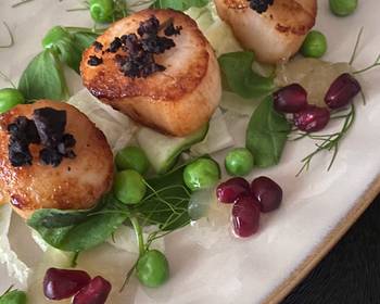 Without Fail Making Recipe Scallops With A Black Pudding Crumb Fennel  Cucumber Salad Pea  Pea Shoots And Apple Pure Delicious Steady